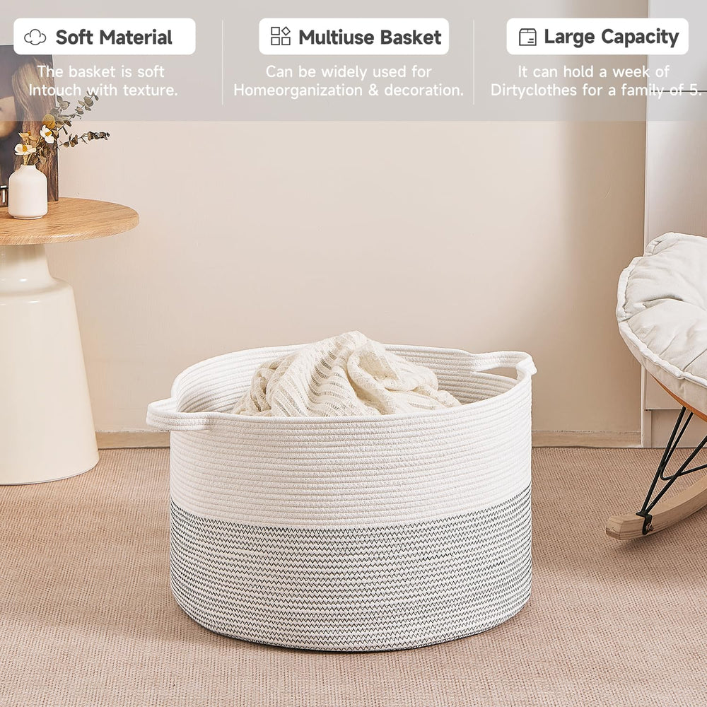 CLHMILY&Z basket stores blankets and pillows, adding soft decor to a room.
