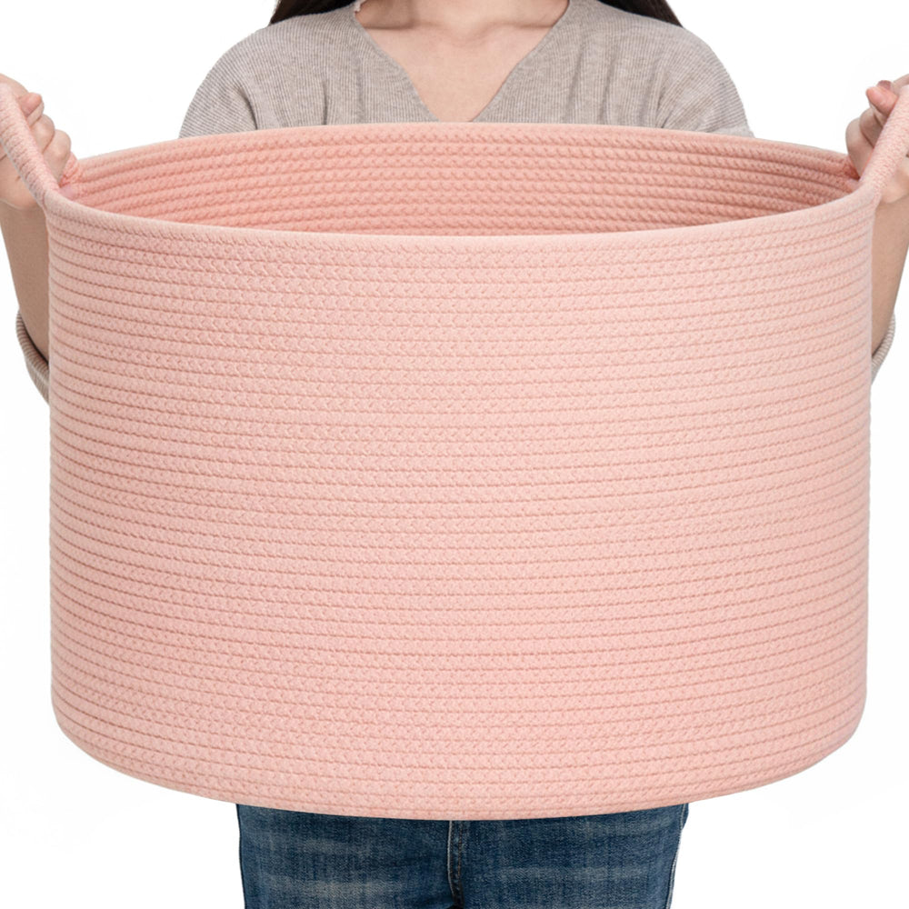 CLHMILY&amp;Z round cotton rope storage basket pink XL front view showcases space-saving storage