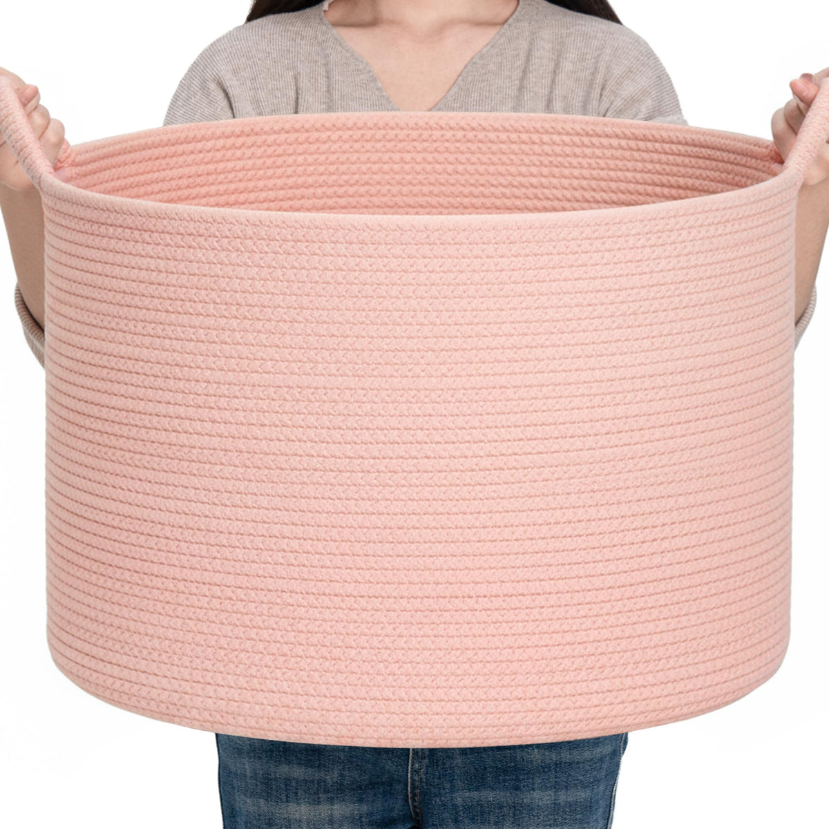 CLHMILY&amp;Z round cotton rope storage basket pink XL front view showcases space-saving storage