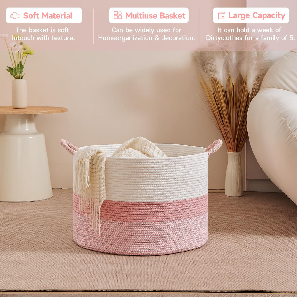 CLHMILY&amp;Z round rope laundry hamper in pink blends with decor