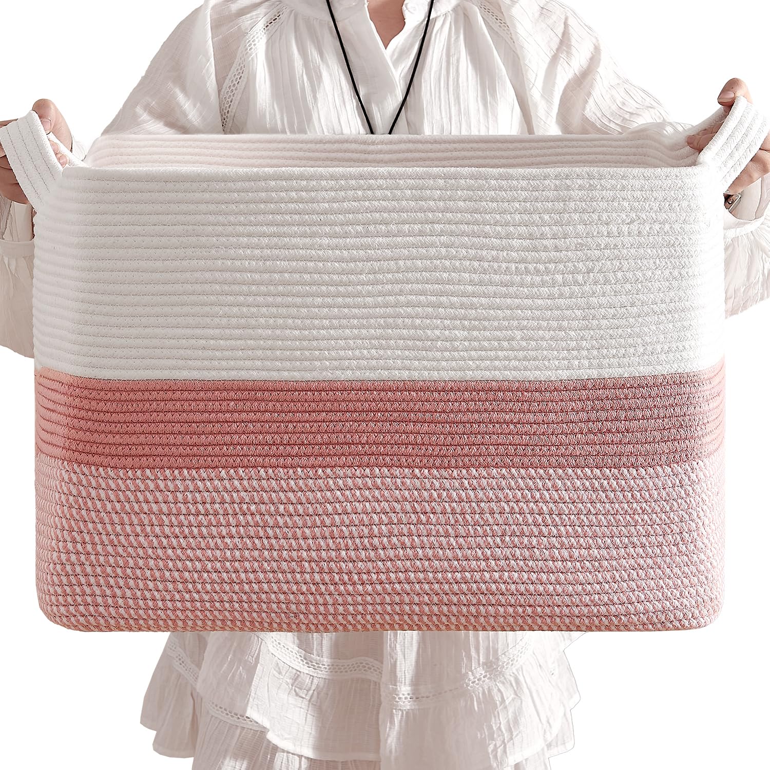 CLHMILY&Z square basket pink-white front view for stylish toy storage