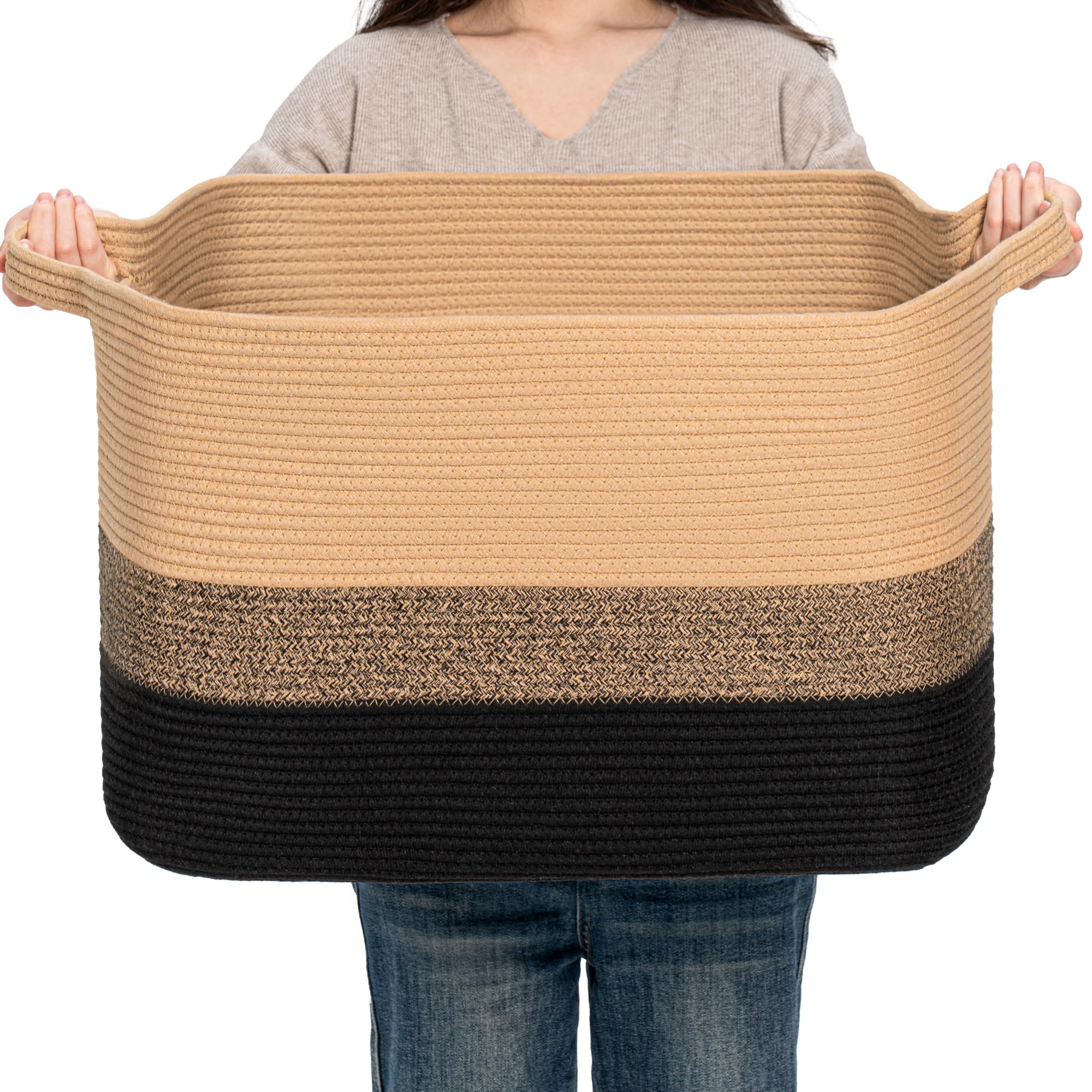 CLHMILY&Z square basket weave-detail highlights durable cotton rope storage for toys and blankets.