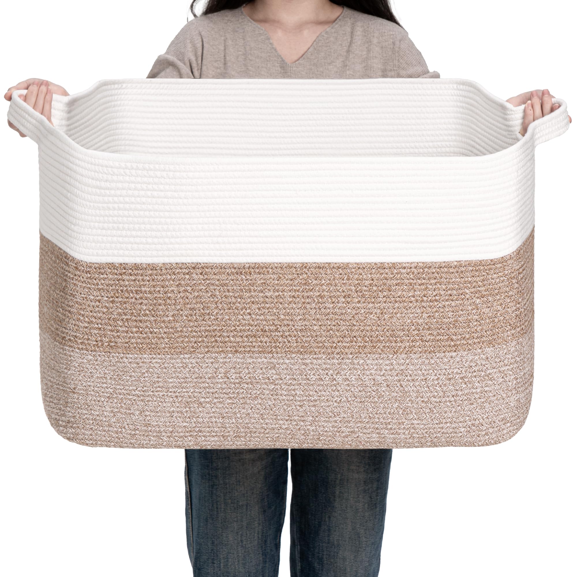 CLHMILY&Z square cotton rope basket brown and white organizes toys.