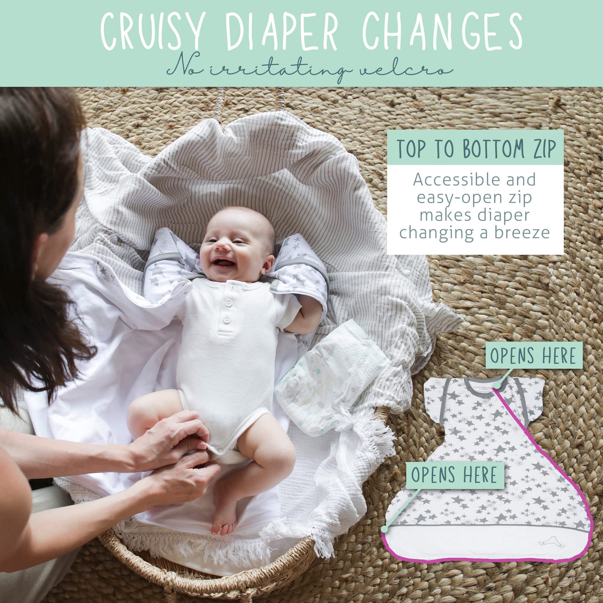 Clickyhips Swaddle Sack dual side snaps ensure snug newborn fit