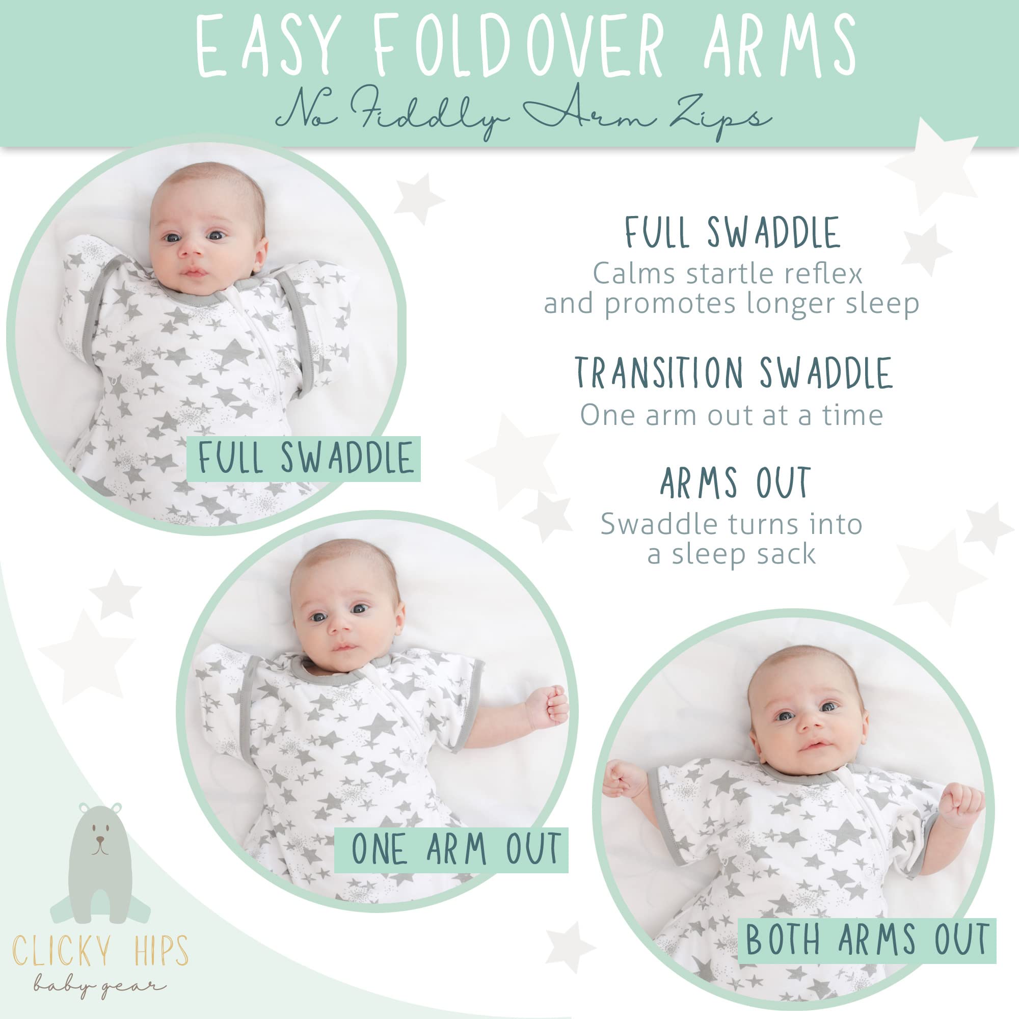 Clickyhips Swaddle Sack hip-friendly design supports natural leg movement