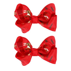 Clipband 3 inch Christmas hair bow in red-gold on an alligator clip for festive styling.