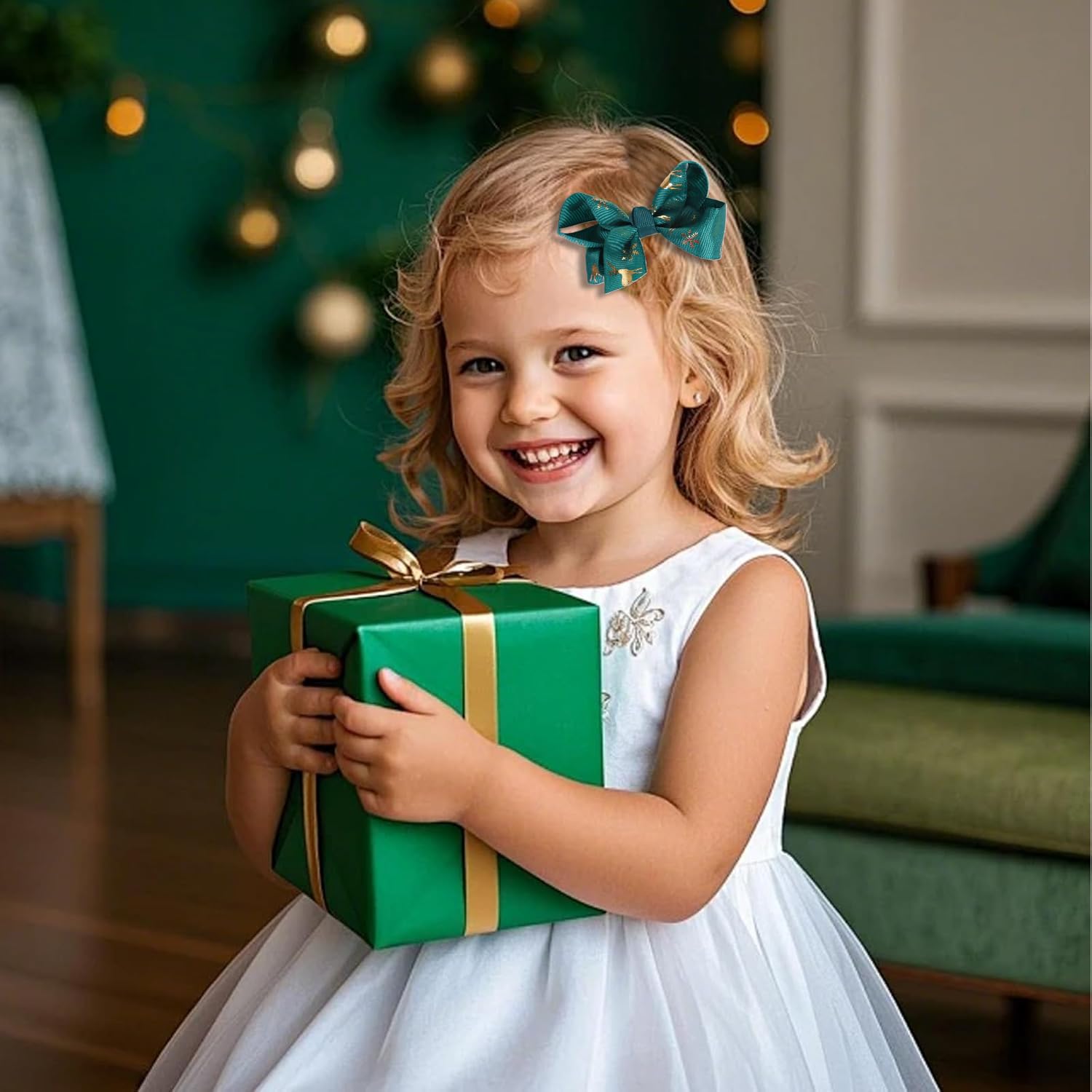 Clipband Christmas hair bow close up showing durable grosgrain ribbon and secure clip.