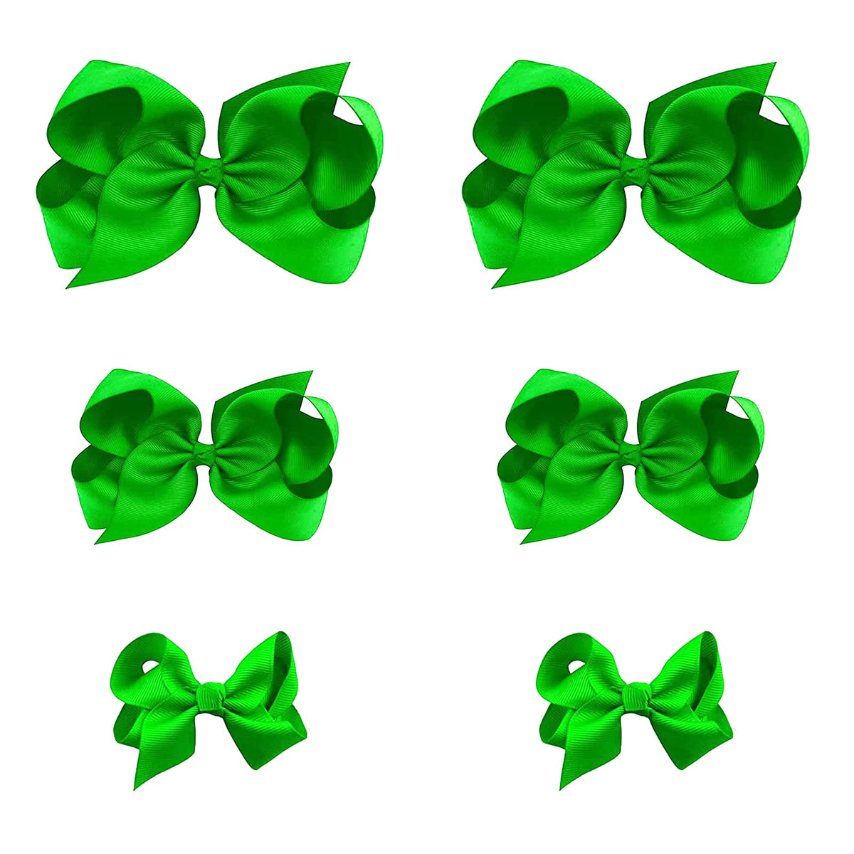 Clipband Green Bows 6pcs pack with alligator clips for cute outfits.