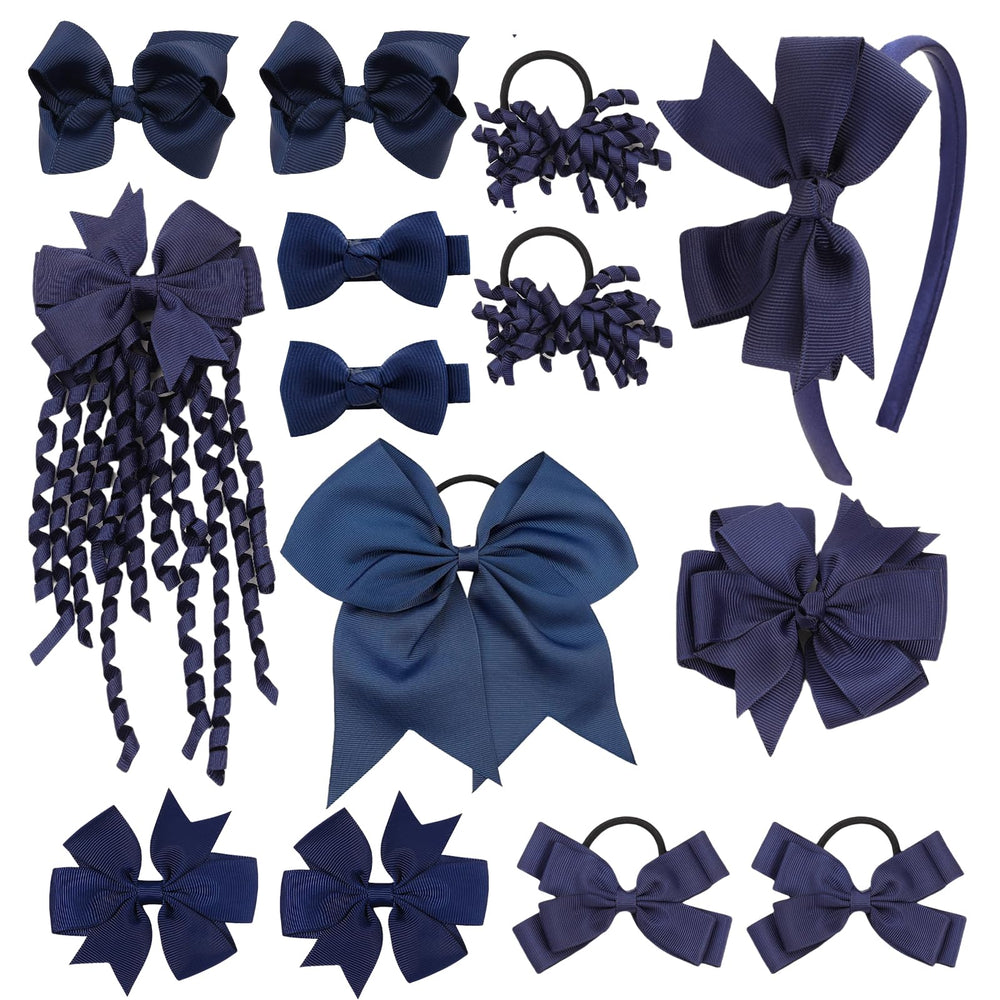 Clipband navy bows with headband and clips for durable daily school styling.