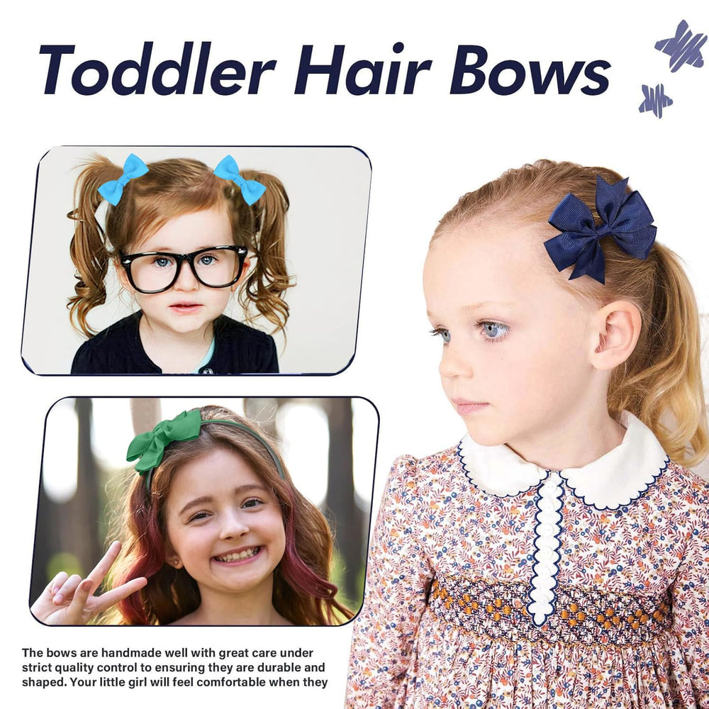 Clipband navy bows and headband on a girl's hair for easy school styling.