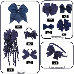Clipband navy korker bows illustrate versatile hair styling options.