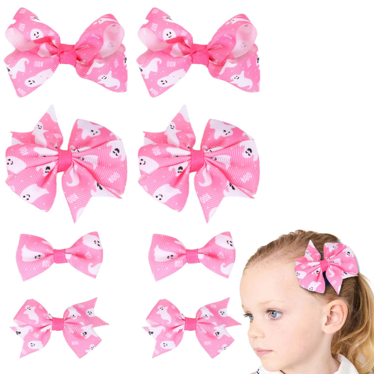 Clipband pink Halloween bows closeup with secure clips for cute daily wear