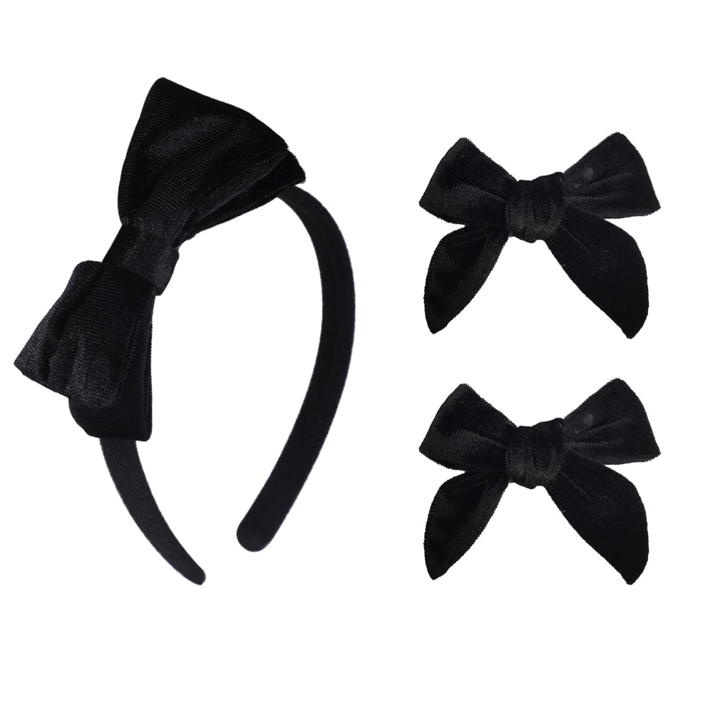 Clipband Velvet Bow Headband black offers luxe texture and all-day comfort.