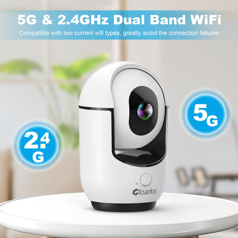 Cloarks 2K indoor camera pan-tilt action shows flexible coverage for pets and babies.