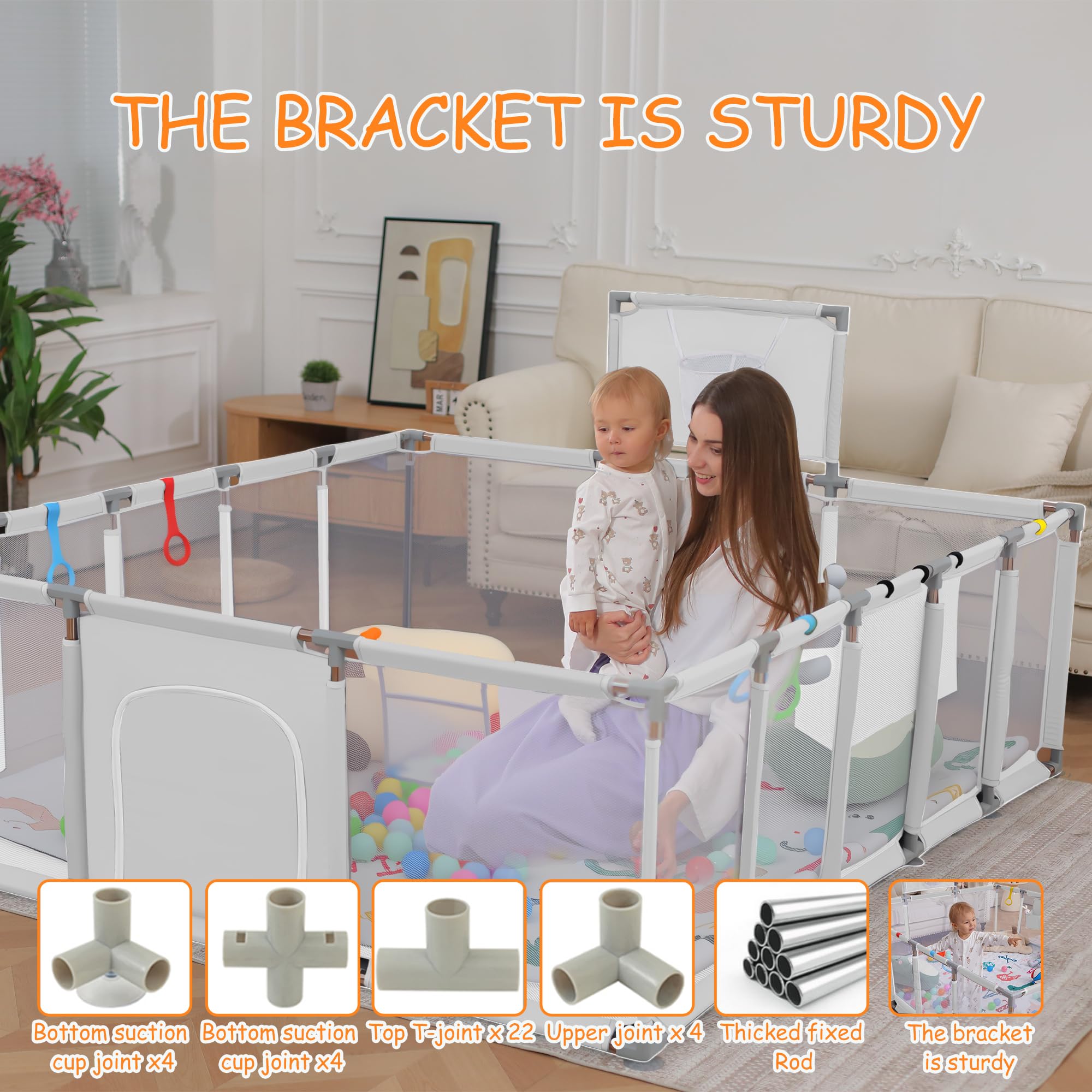 Clocly playpen with six suction cups prevents movement on smooth floors.