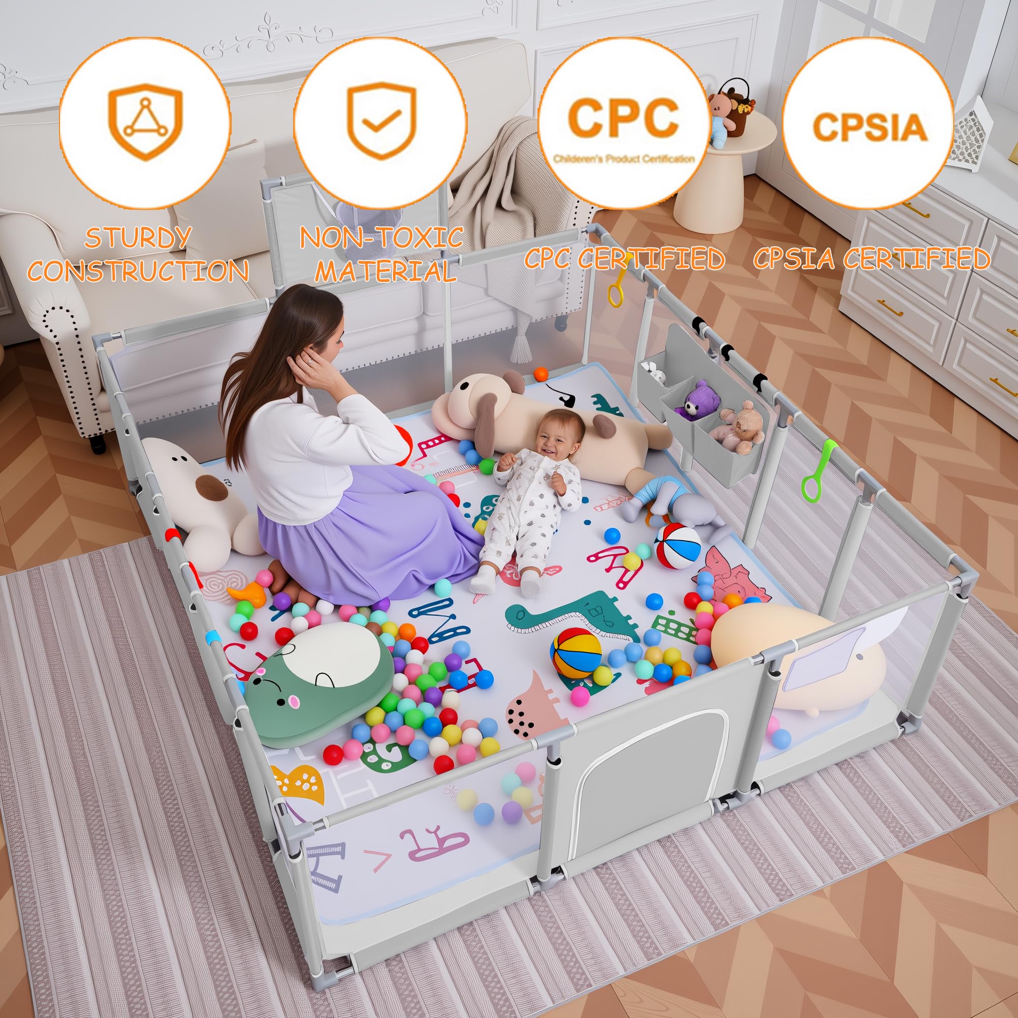 Clocly playpen includes ocean balls and basketball hoop for interactive playtime.