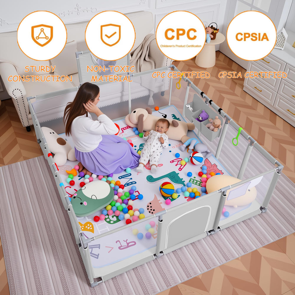 Clocly playpen includes ocean balls and basketball hoop for interactive playtime.