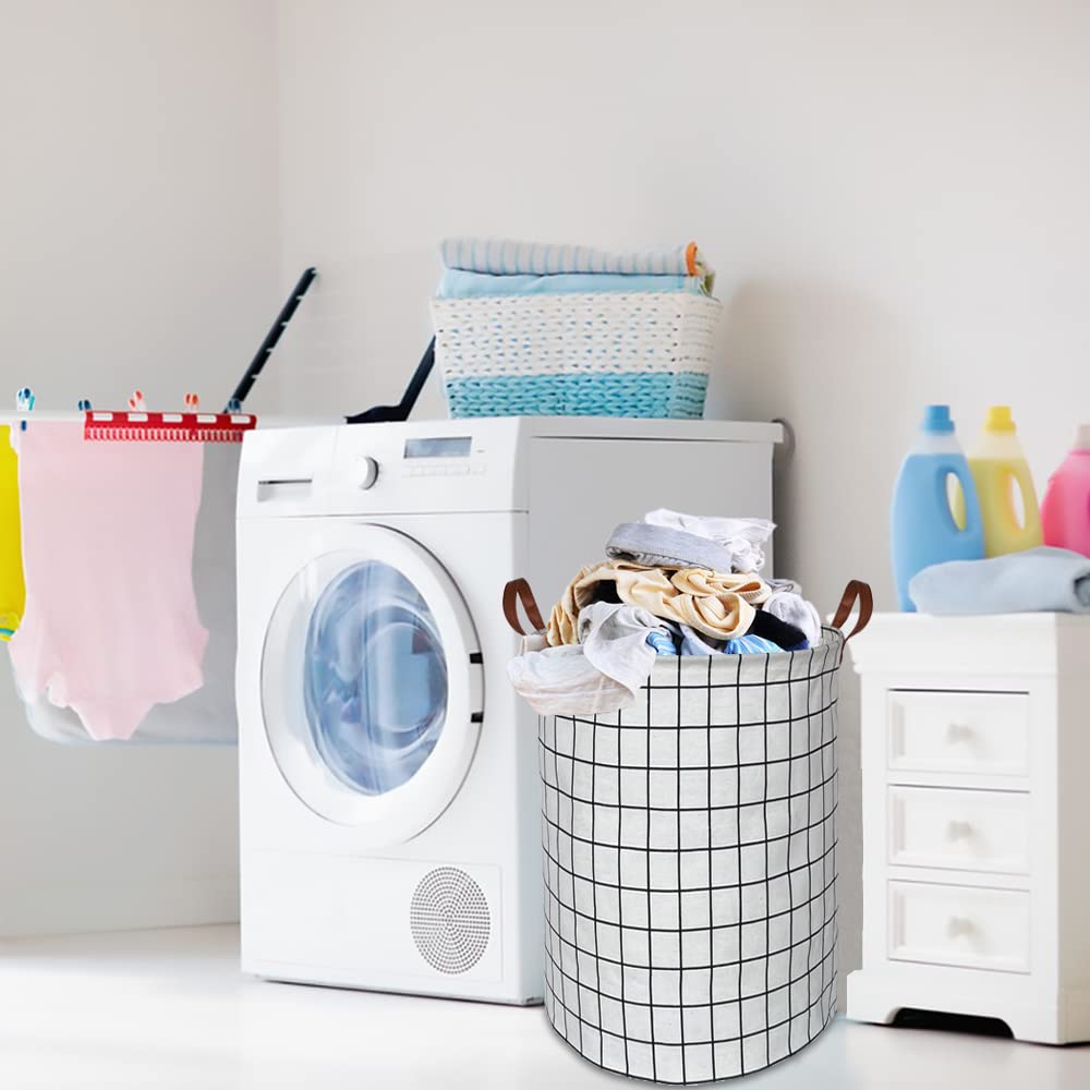 CLOCOR white-check hamper collapsed for compact storage in small spaces