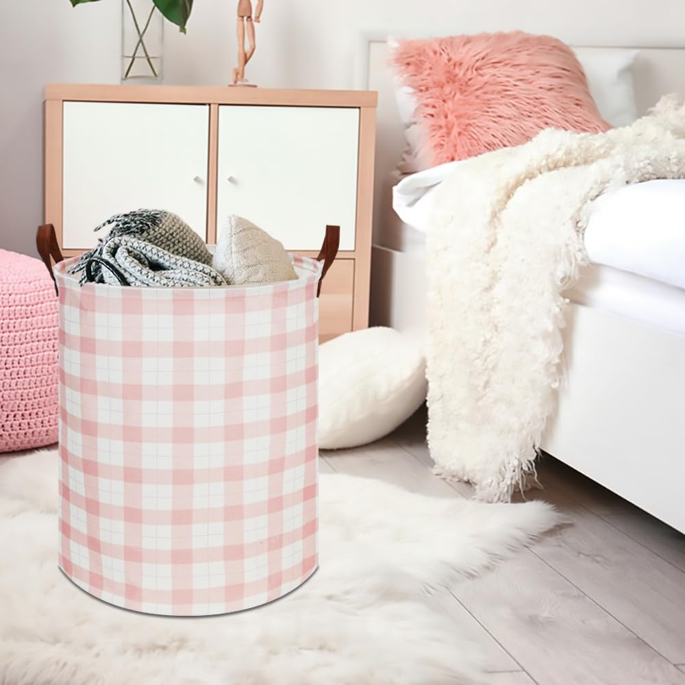 CLOCOR Kids Laundry Basket pink grid open top for easy access to toys and clothes
