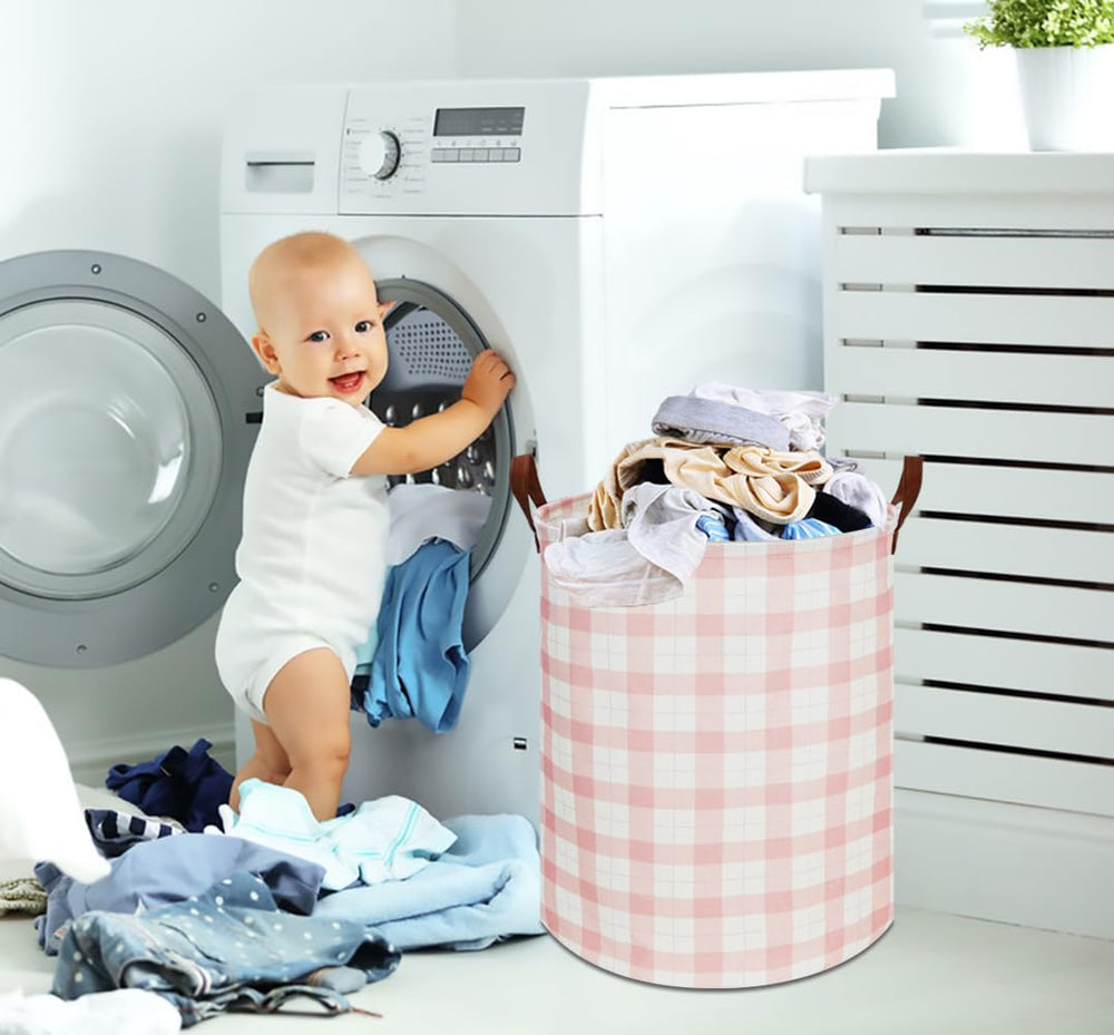 CLOCOR Kids Laundry Basket pink grid waterproof lining keeps essentials protected