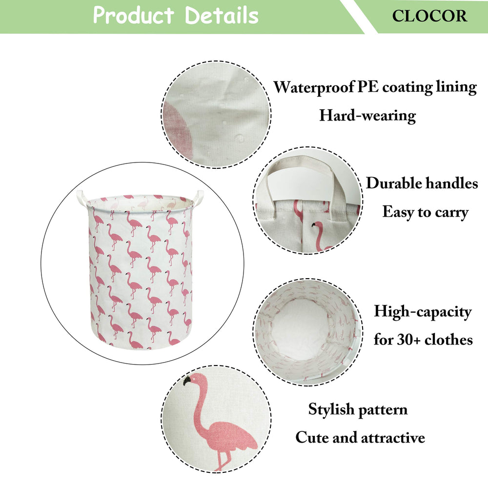CLOCOR pink flamingo hamper in use beside laundry area.
