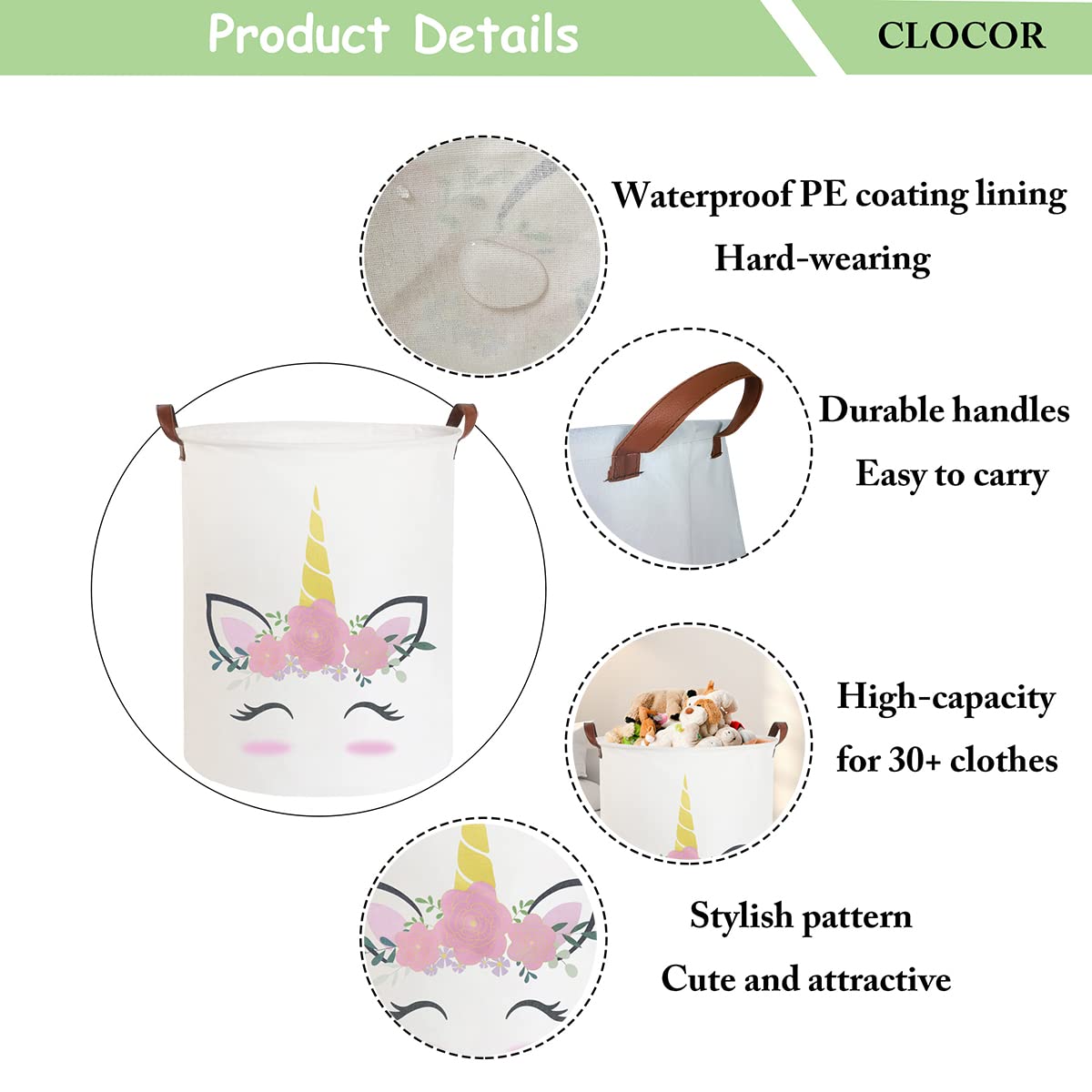 CLOCOR Pink Unicorn laundry basket close-up of durable canvas and lining