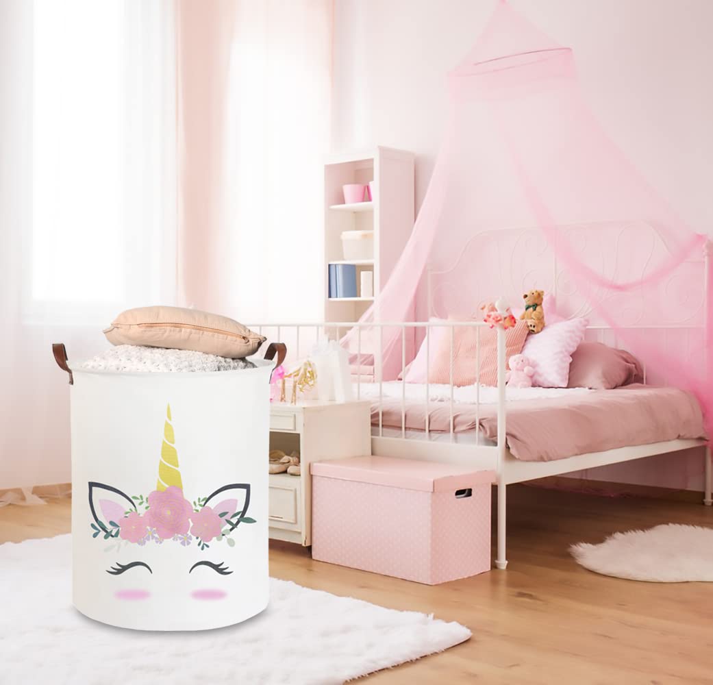 CLOCOR Pink Unicorn laundry basket side view, neat nursery organization