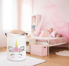 CLOCOR Pink Unicorn laundry basket side view, neat nursery organization
