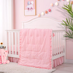 Cloele 3-piece crib bedding set pink solid ruffle comforter close-up for cozy nights.