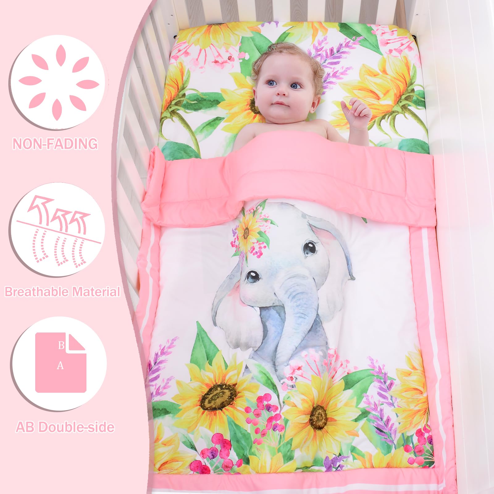 Cloele baby comforter 33x42 elephant-sunflower provides snug warmth and visual charm.