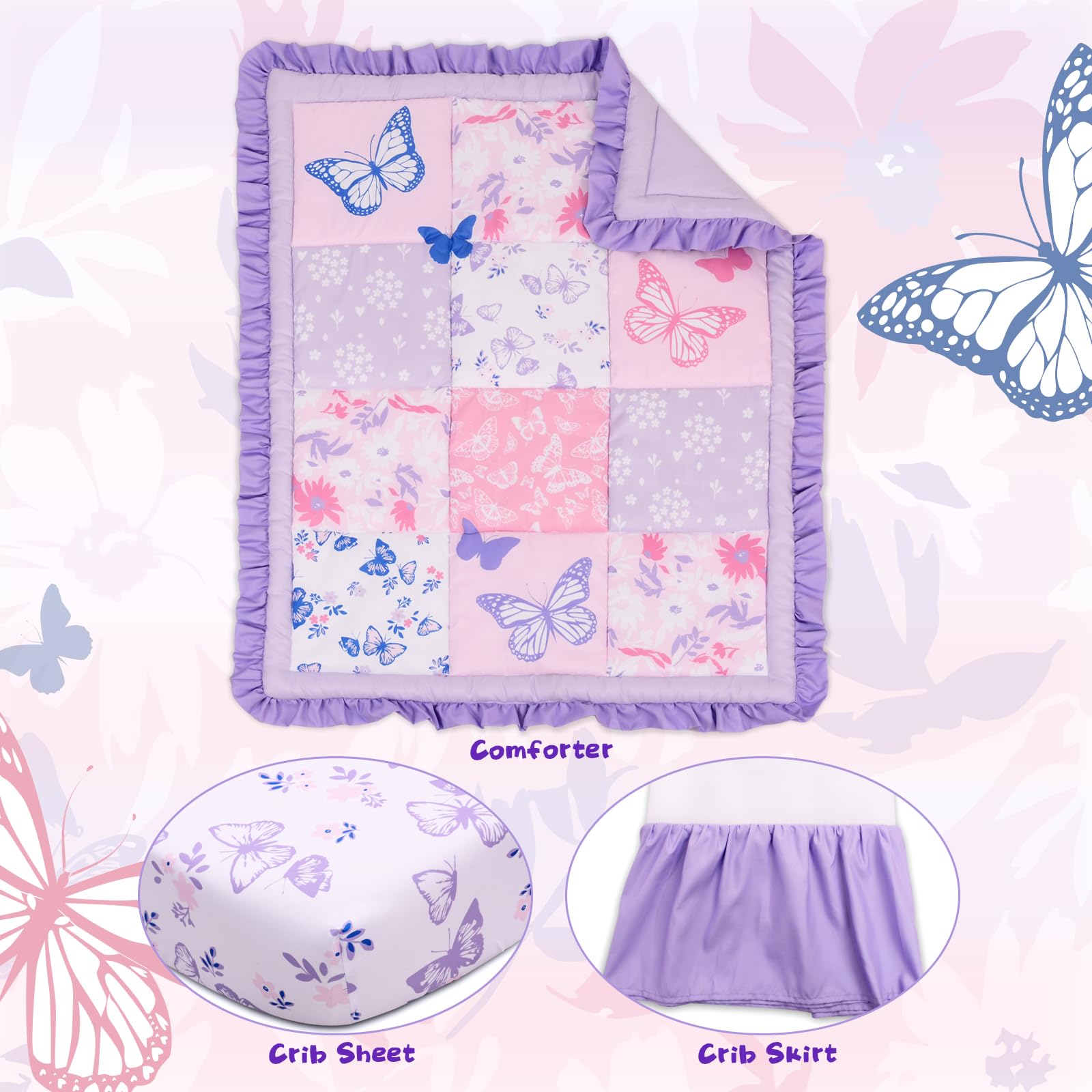 Cloele purple crib skirt adds tidy nursery look and under bed space.