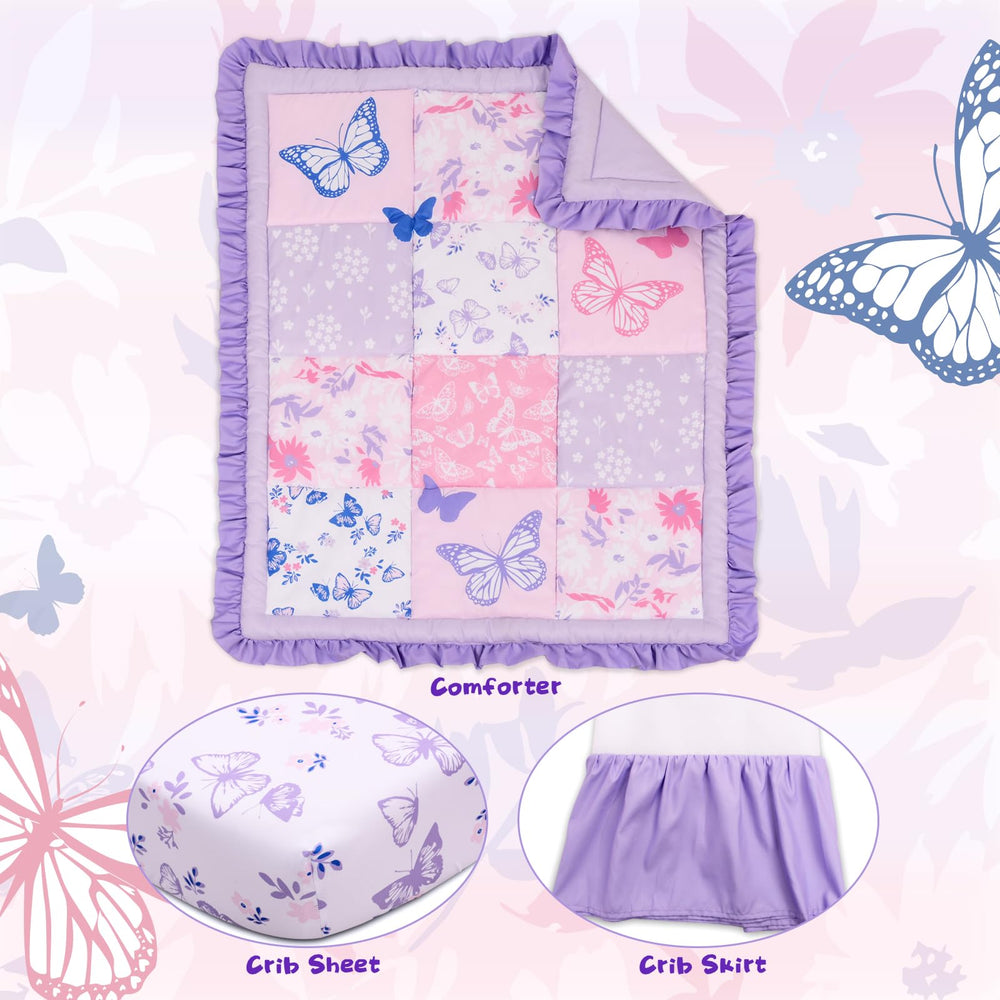 Cloele purple crib skirt adds tidy nursery look and under bed space.