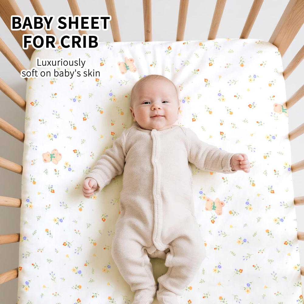 Cloele Foral Bear nursery sheet adds soft style to baby room.