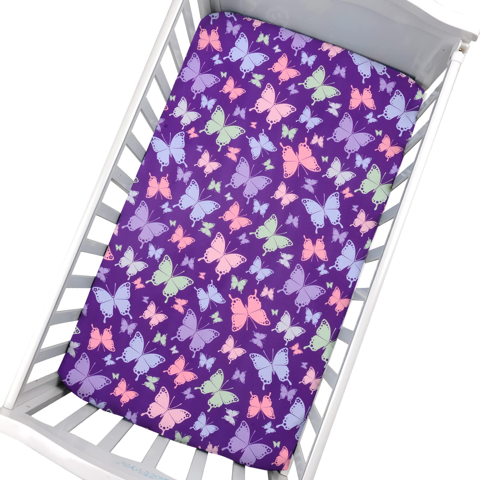 Cloele butterfly pattern on fitted sheet creates cheerful nursery aesthetics and gentle sleep ambience.