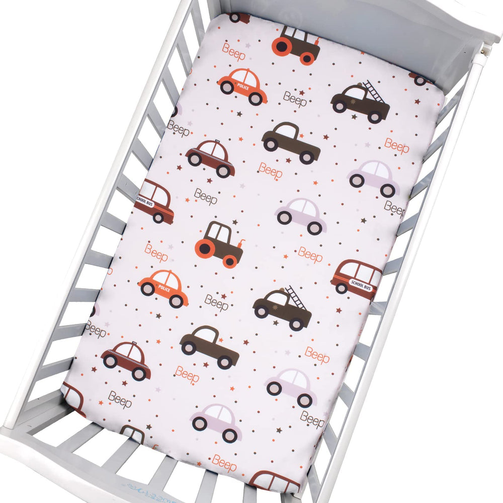 Cloele car pattern crib sheet close up, playful design for nursery decor