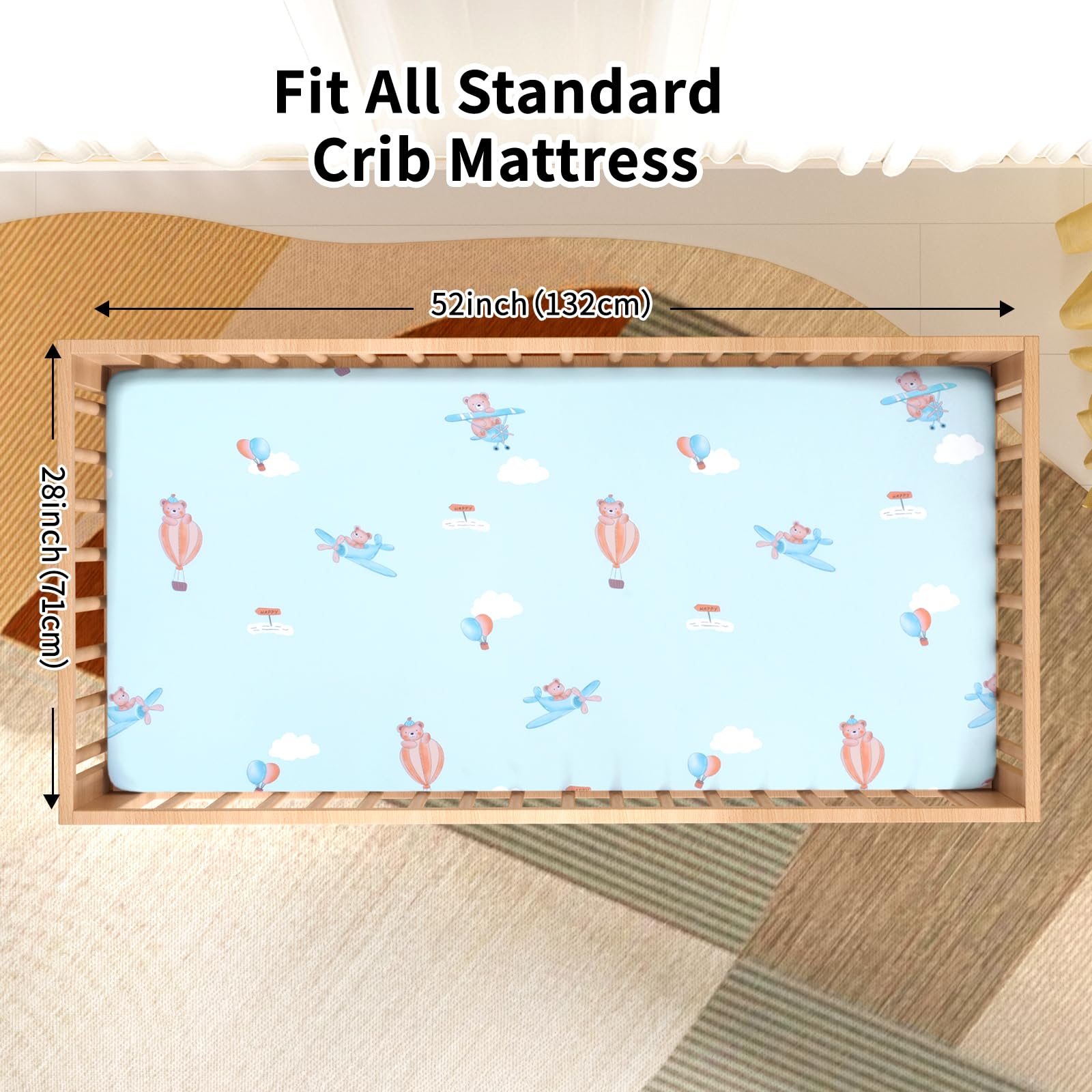 Cloele crib sheet fits standard 52x28 mattress with secure 5-inch pocket.