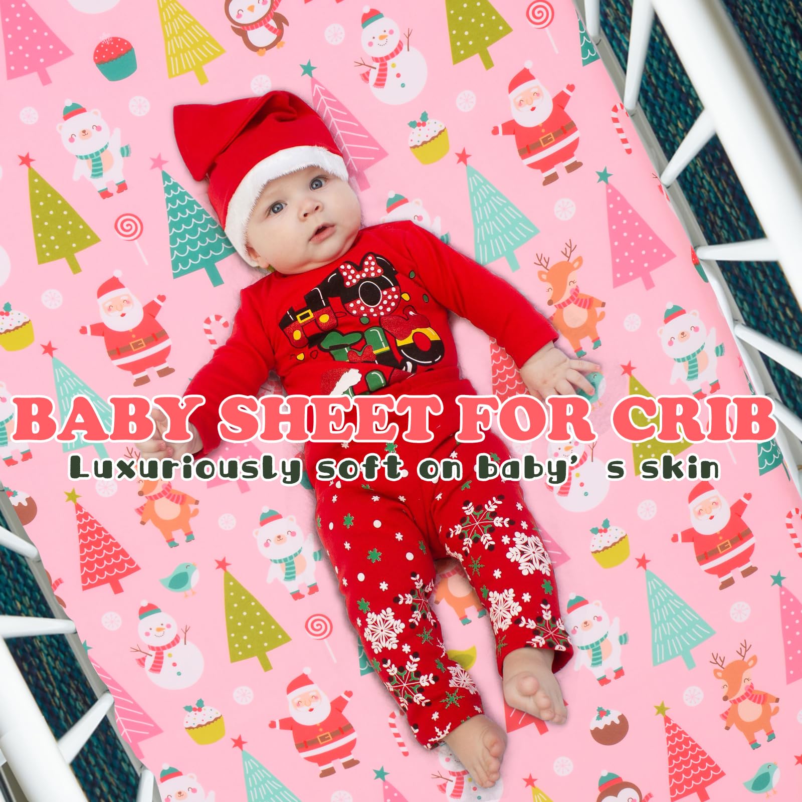 Cloele Santa crib sheet with elastic band provides a snug, smooth fit on a crib