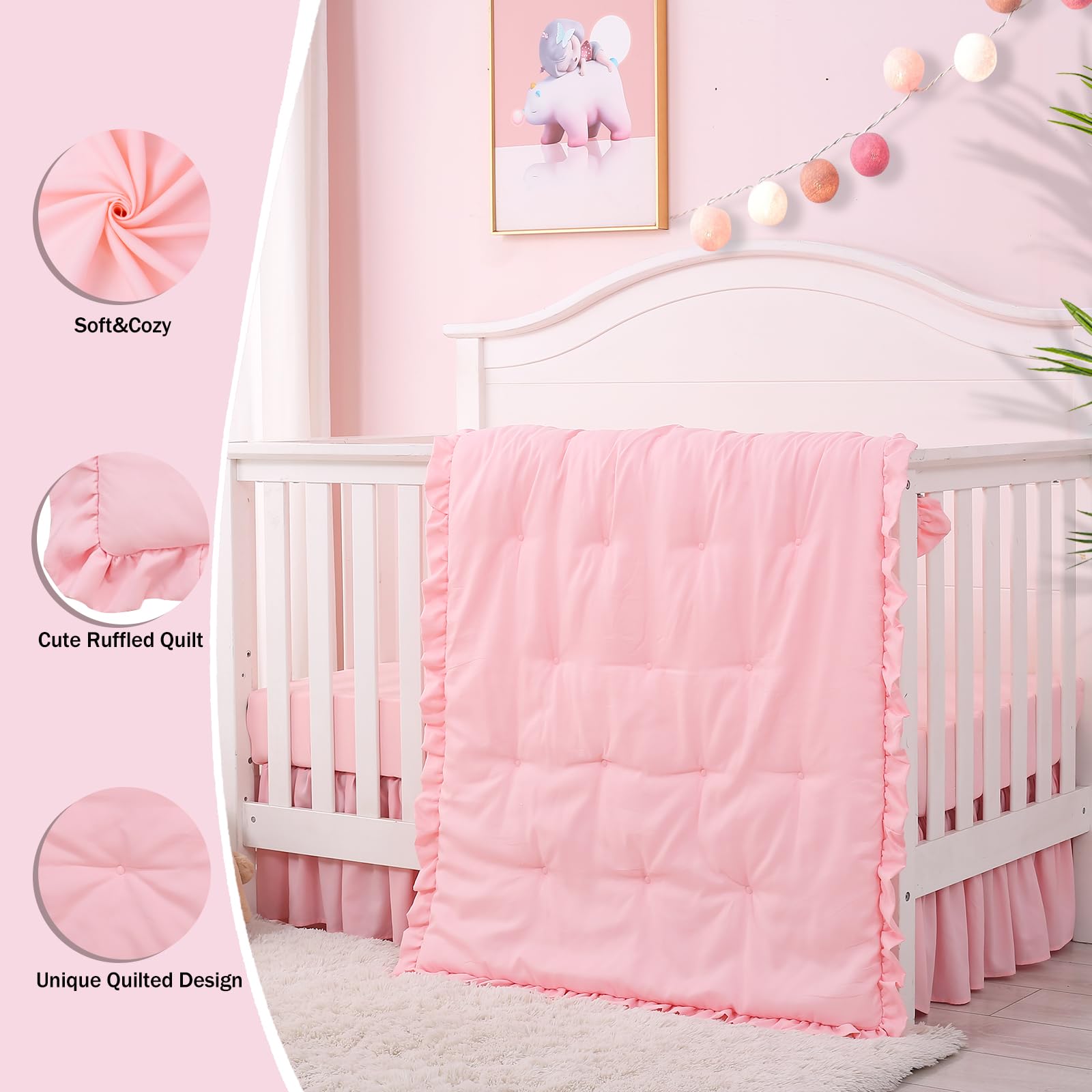 Cloele crib skirt pink 52x28+12 view with 2-inch ruffle adds nursery charm.