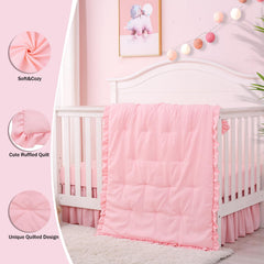 Cloele crib skirt pink 52x28+12 view with 2-inch ruffle adds nursery charm.