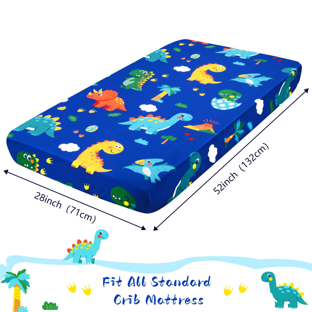Cloele Dinosaur Fitted Crib Sheet in blue pattern brightens nursery decor.