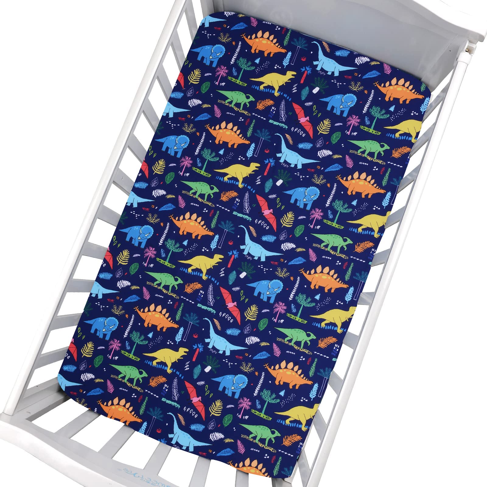 Cloele dinosaur fitted crib sheet fabric closeup shows soft, breathable polyester