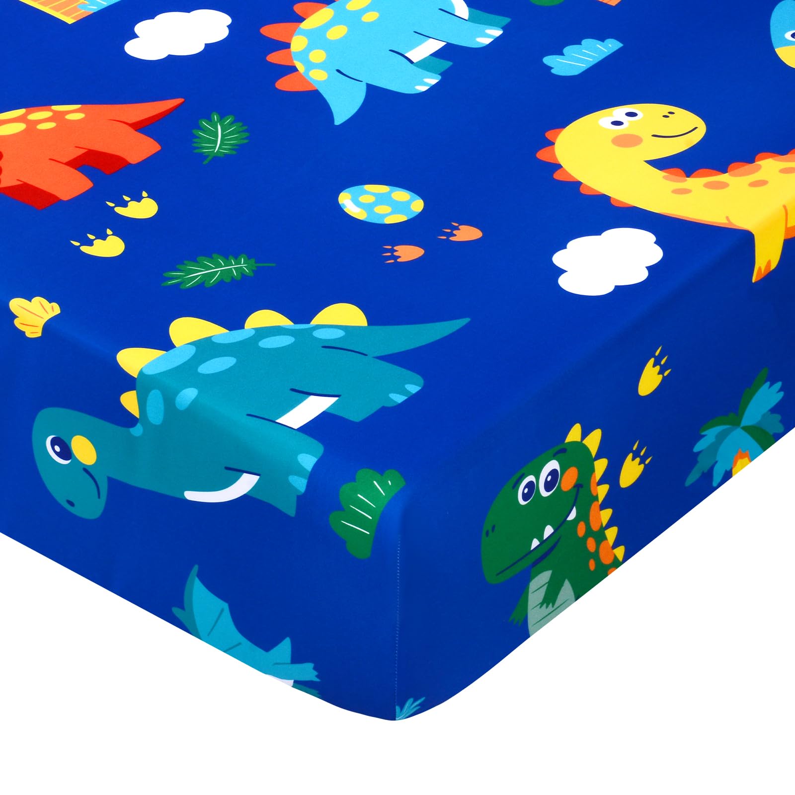Cloele Dinosaur Fitted Crib Sheet folded with blue dinosaur print for quick nursery setup.