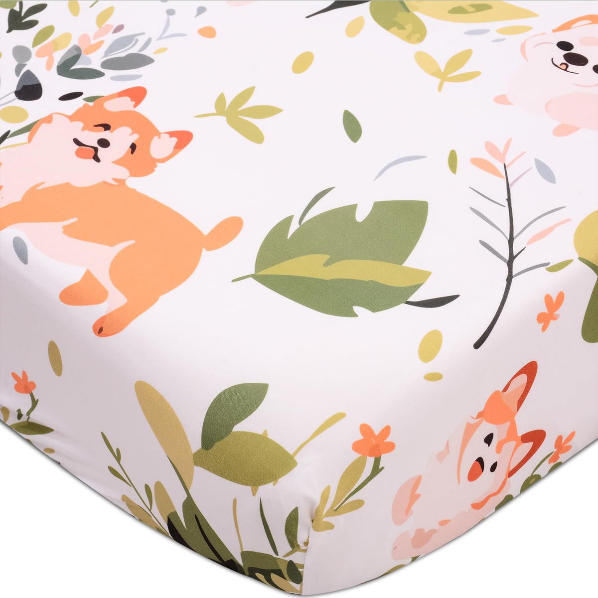 Cloele dog-crib-sheet with green leaves pattern provides soft, breathable surface for baby sleep.