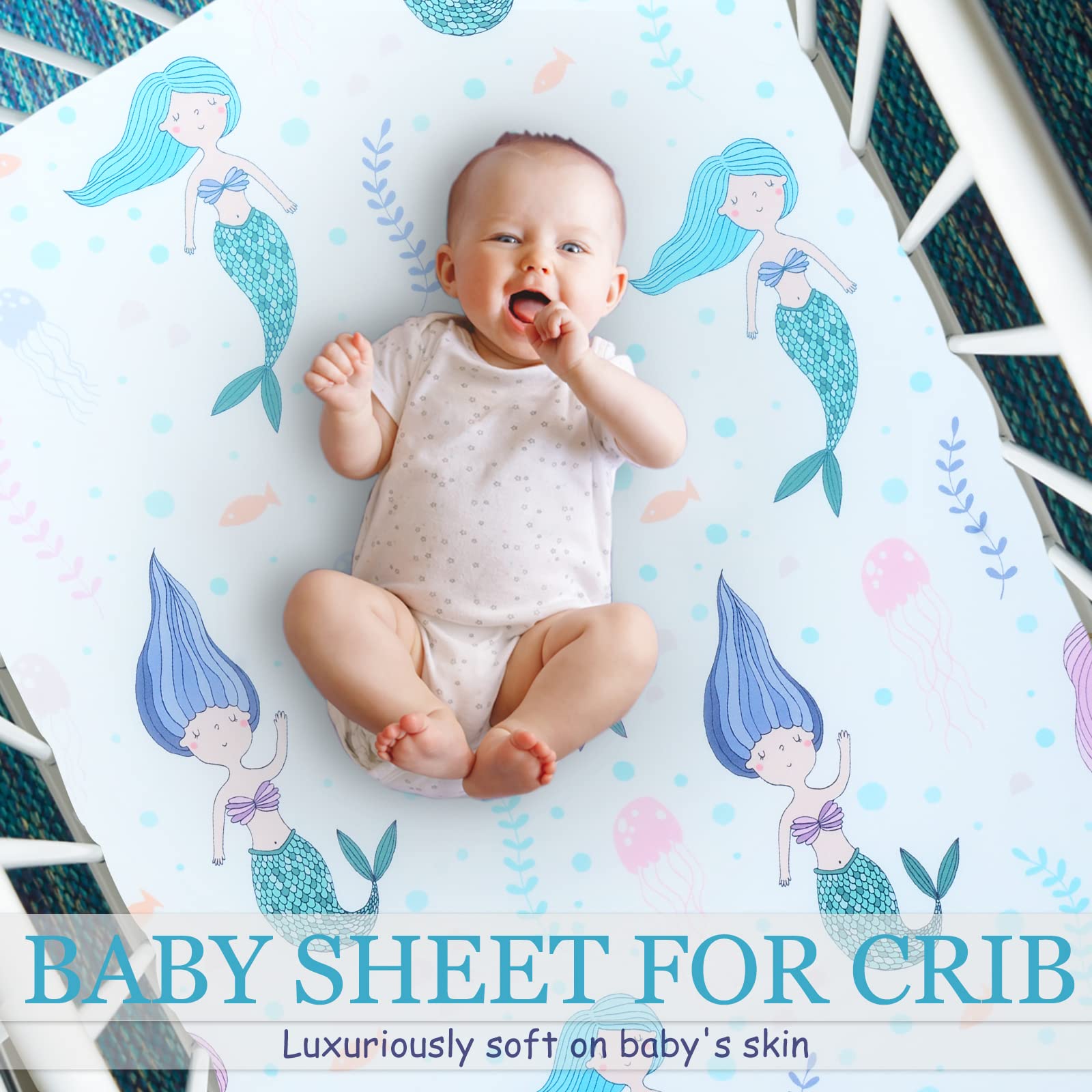 Close-up of Cloele mermaids crib sheet highlighting soft polyester texture