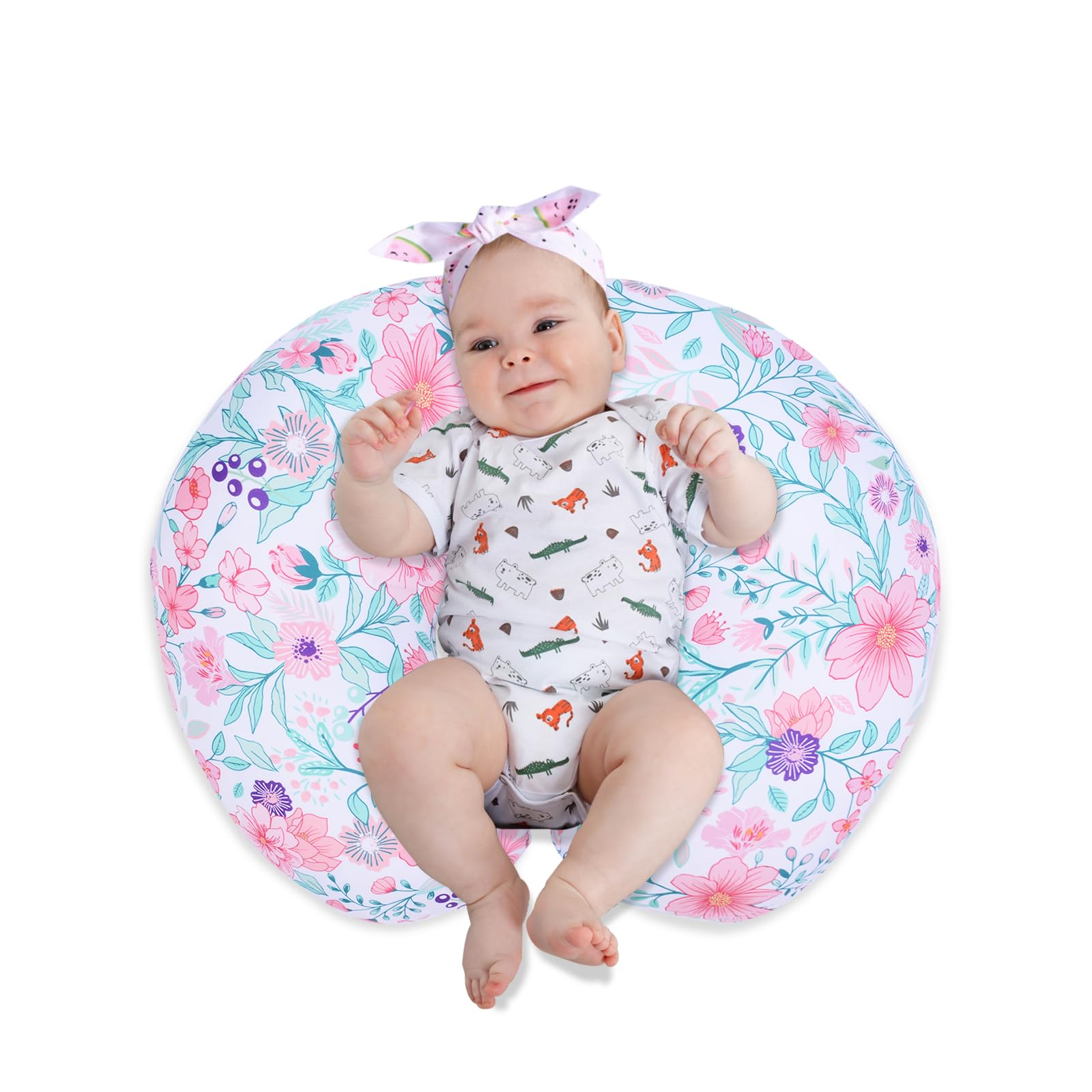 Cloele nursing pillow cover in-use during baby feeding session demonstrates easy slip-on design.