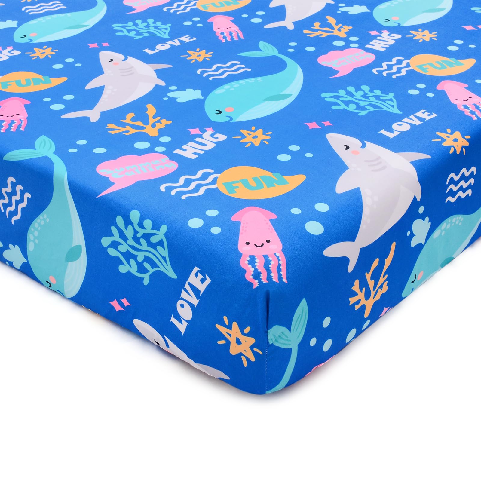 Cloele Ocean Fitted Crib Sheet Shark Pattern offers snug fit for standard cribs and easy care.