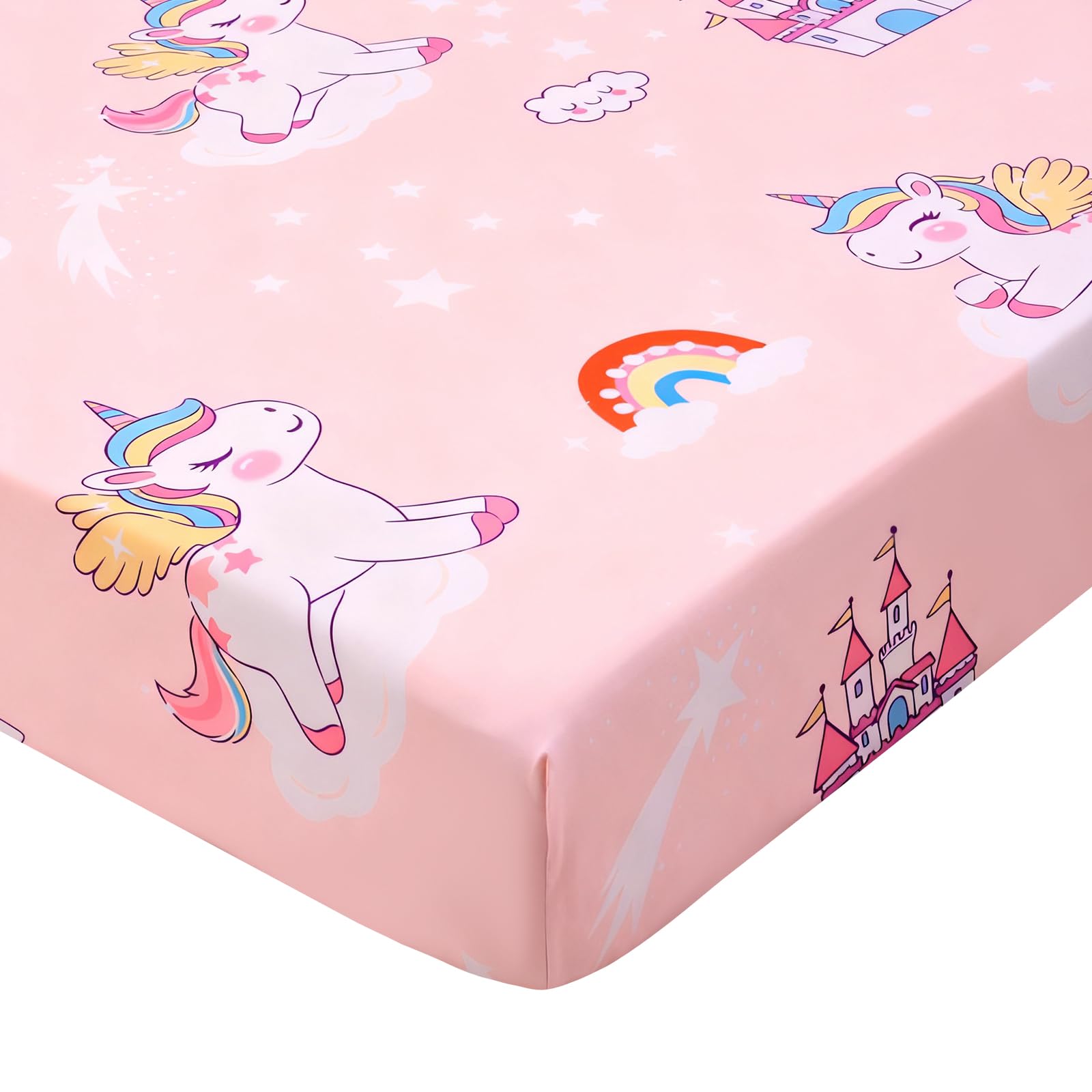Cloele Unicorns fitted crib sheet with pink castle design for cozy naps