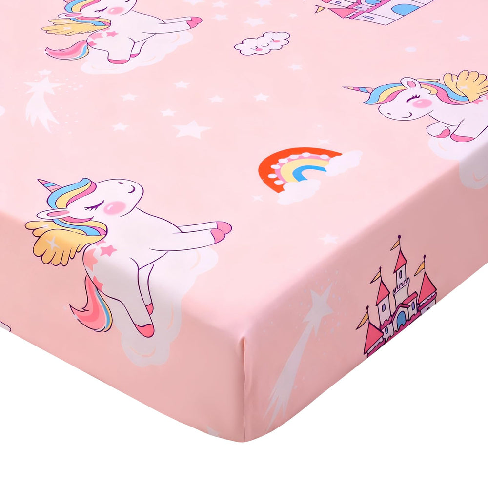 Cloele Unicorns fitted crib sheet with pink castle design for cozy naps