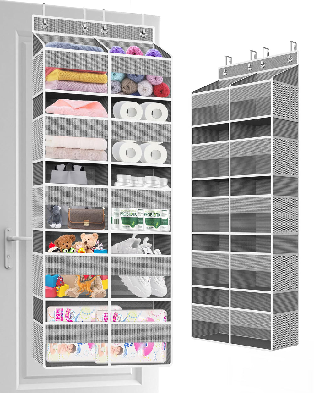 Clothink over-the-door organizer front view shows five-tier capacity for toys and clothes.