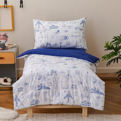 CLOTHKNOW traffic toddler bedding set package shows four-piece layout for easy setup.